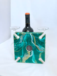 Wooden wine bottle and glass holder