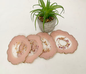 Dusty Rose coasters with gold leaf flakes and rose petals