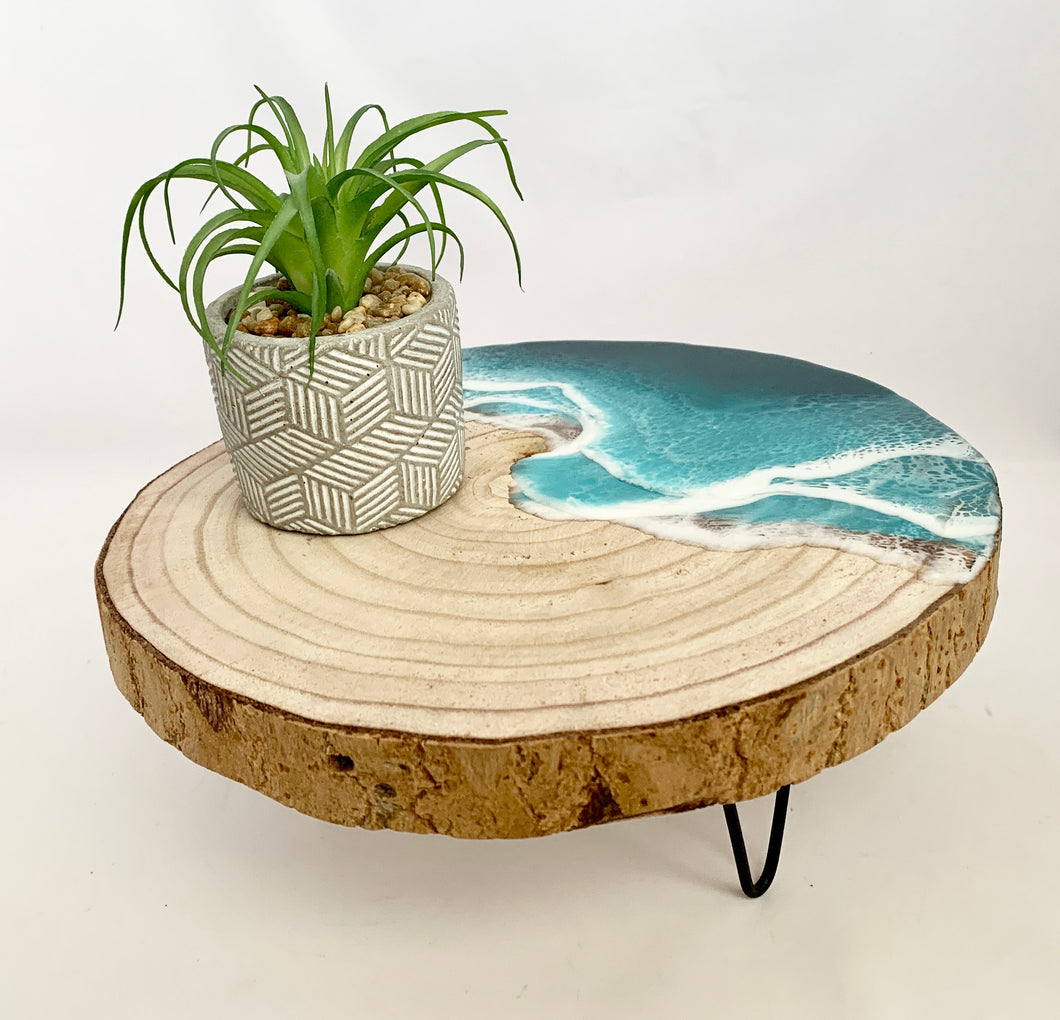 Wood with metal legs and resin ocean waves